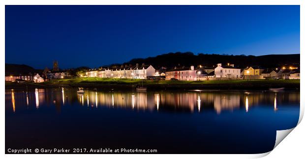 Aberaeron harbour, reflecting its lights at dusk Print by Gary Parker