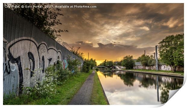 Urban, inner city canal, at sunset Print by Gary Parker