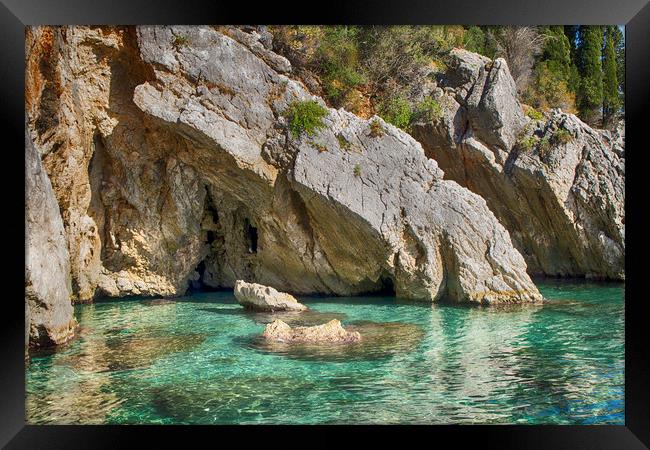 Corfu Sea Caves Framed Print by Phil Clements