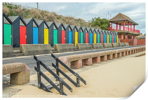 Beach Huts along Lowestoft Beach Print by Nick Jenkins