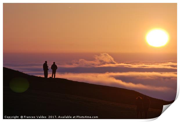 Two people silhouetted viewing the sunset and fog Print by Frances Valdes
