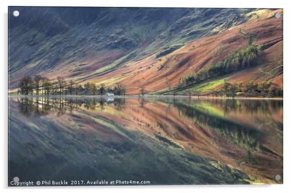 Char Hut Reflections Buttermere Acrylic by Phil Buckle