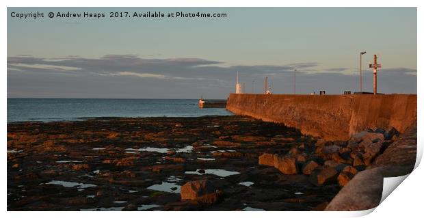 Seahouses harbour sunset song on wall. Print by Andrew Heaps