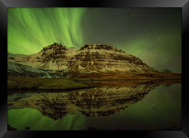 Northern lights near Grundafjordur, Iceland Framed Print by nigel allison