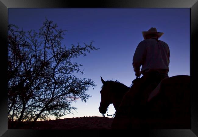 Cowboy on horse at daybreak Framed Print by Luc Novovitch