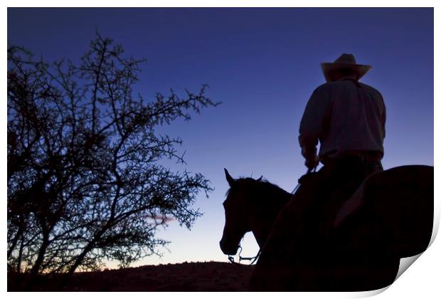 Cowboy on horse at daybreak Print by Luc Novovitch
