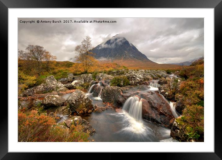  River Coupall waterfall and Buachaille Etive Mor Framed Mounted Print by Antony Burch