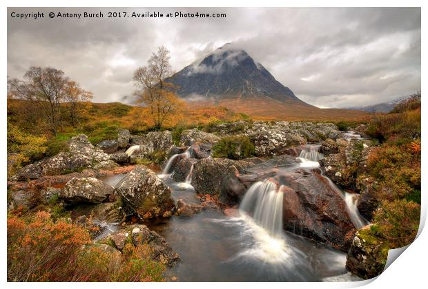  River Coupall waterfall and Buachaille Etive Mor Print by Antony Burch