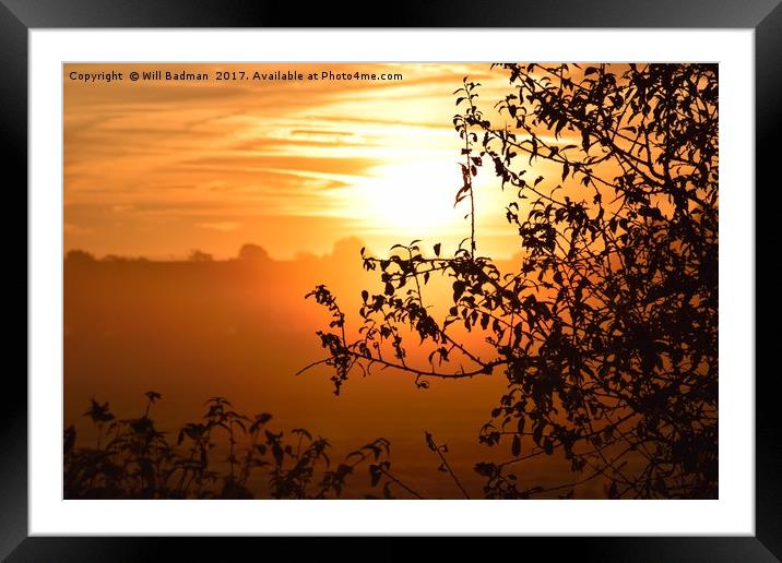 Sunrise looking through a hedge across a field in  Framed Mounted Print by Will Badman
