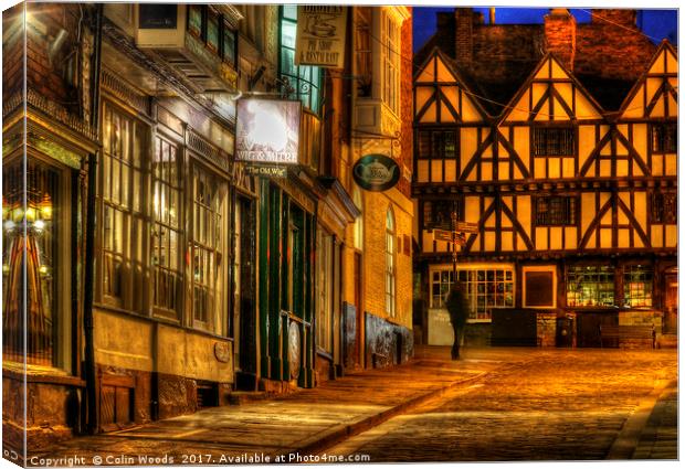 Steep Hill in Lincoln , England at Night Canvas Print by Colin Woods