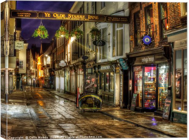 Stonegate in York at Night Canvas Print by Colin Woods