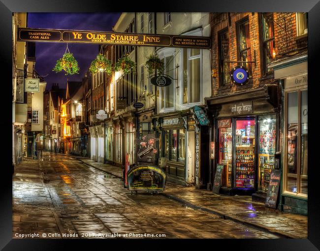 Stonegate in York at Night Framed Print by Colin Woods