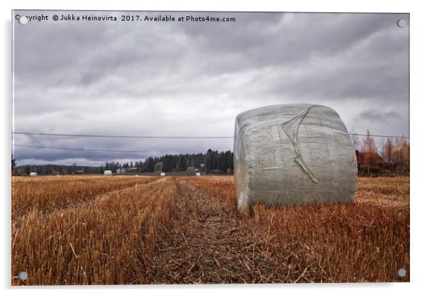 Bale of Hay on the Autumn Fields Acrylic by Jukka Heinovirta