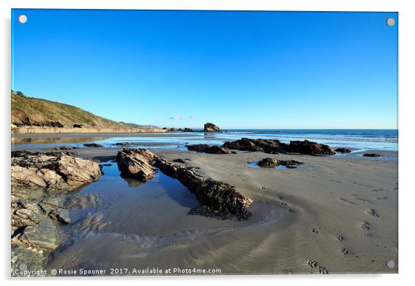 Millendreath Beach and Black Rock at low tide Acrylic by Rosie Spooner