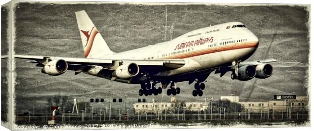 A Surinam Airways Boeing 747 landing at Schiphol a Canvas Print by Colin Woods