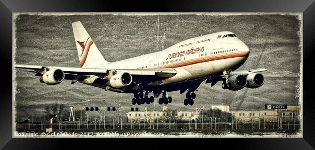 A Surinam Airways Boeing 747 landing at Schiphol a Framed Print by Colin Woods