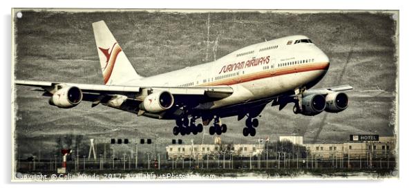 A Surinam Airways Boeing 747 landing at Schiphol a Acrylic by Colin Woods