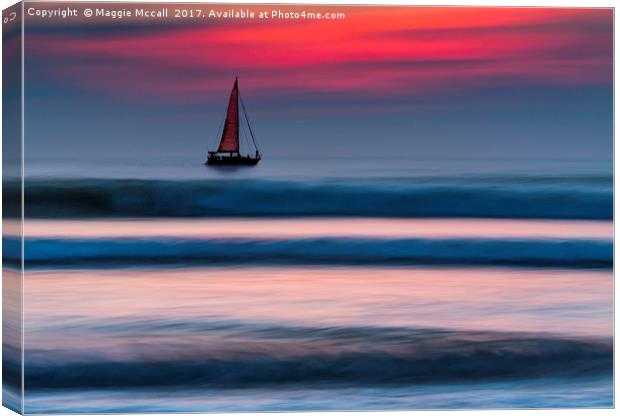 Yacht Sailing at Sea at Sunset Canvas Print by Maggie McCall