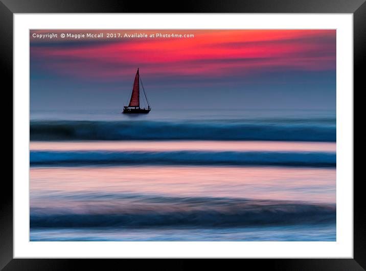 Yacht Sailing at Sea at Sunset Framed Mounted Print by Maggie McCall