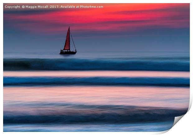 Yacht Sailing at Sea at Sunset Print by Maggie McCall
