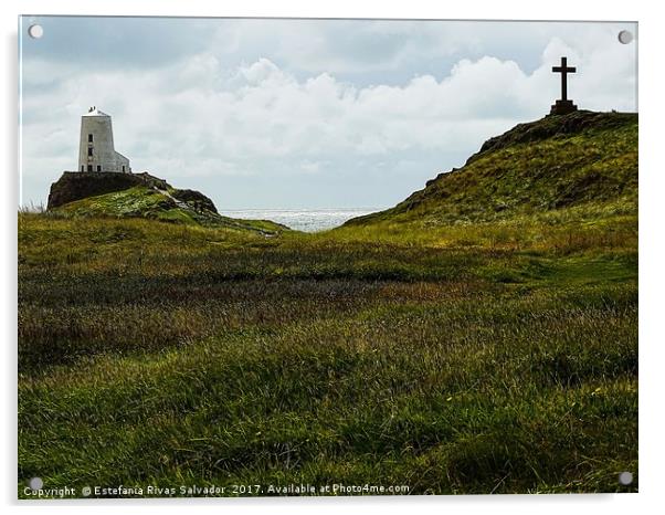 Llanddwyn lighthouse and cross Acrylic by Estefanía Rivas Salvador