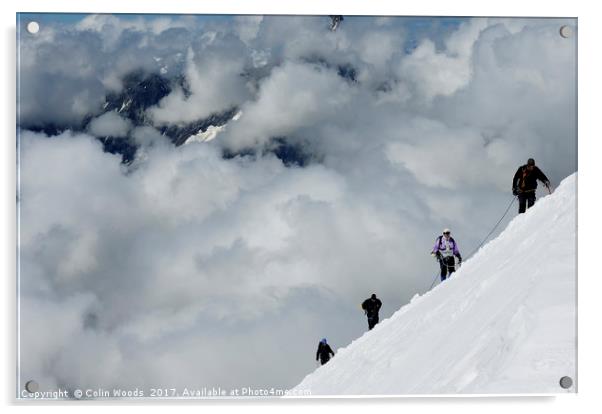 Climbers high in the Swiss Alps, on the traverse o Acrylic by Colin Woods