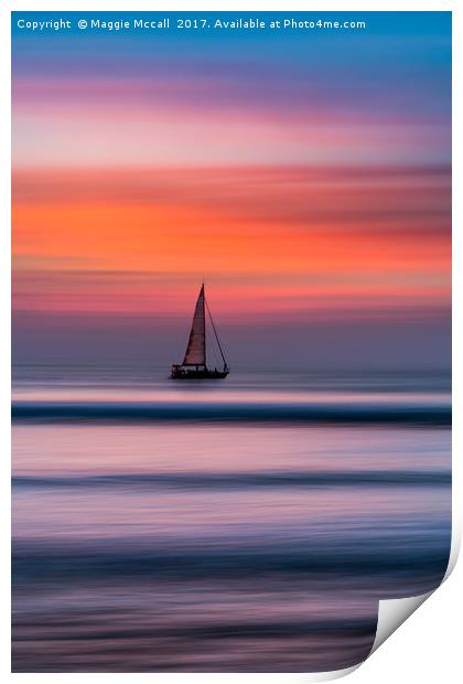 Yacht Sailing at Sunset Print by Maggie McCall