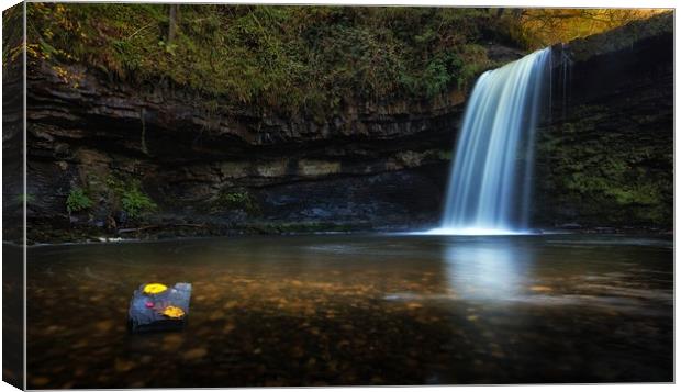 Autumn leaves at Sgwd Gwladus waterfall Canvas Print by Leighton Collins