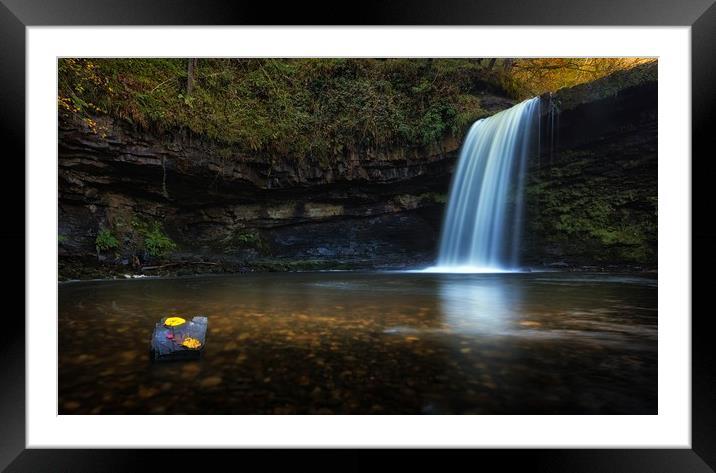 Autumn leaves at Sgwd Gwladus waterfall Framed Mounted Print by Leighton Collins