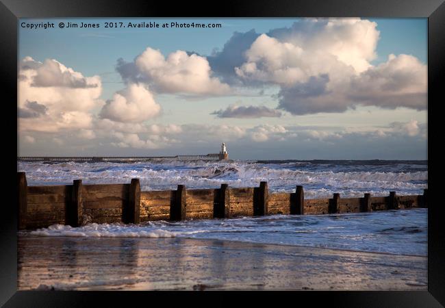 Sunny morning and stormy sea Framed Print by Jim Jones