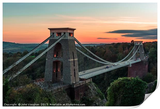 Sunset at Clifton Suspension Bridge Print by John Vaughan