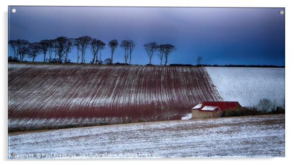 Red Roofed Barn in Snow Acrylic by Paul F Prestidge