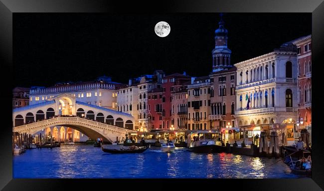 Rialto Bridge and Canal at Night Framed Print by Darryl Brooks
