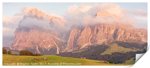 Sunset on the Alpe di Siusi Print by Stephen Taylor