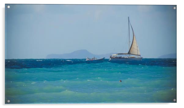 White yacht on the sea. Acrylic by Larisa Siverina