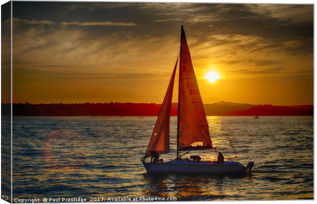 Red Sailed yacht at Sunset Canvas Print by Paul F Prestidge