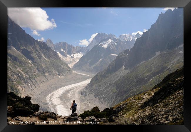 A lone person admiring the Mer de Glace, Chamonix Framed Print by Colin Woods