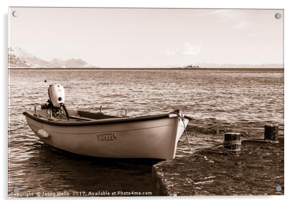 Split toned image of a boat moored at Orebic Acrylic by Jason Wells