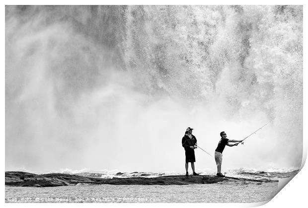 River fishing by a big waterfall in Quebec Print by Colin Woods