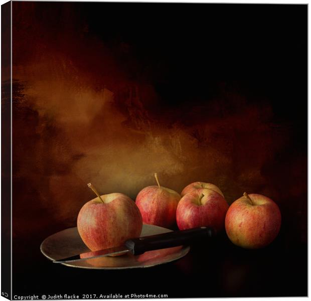 The chosen one. Apple with knife on plate. Canvas Print by Judith Flacke