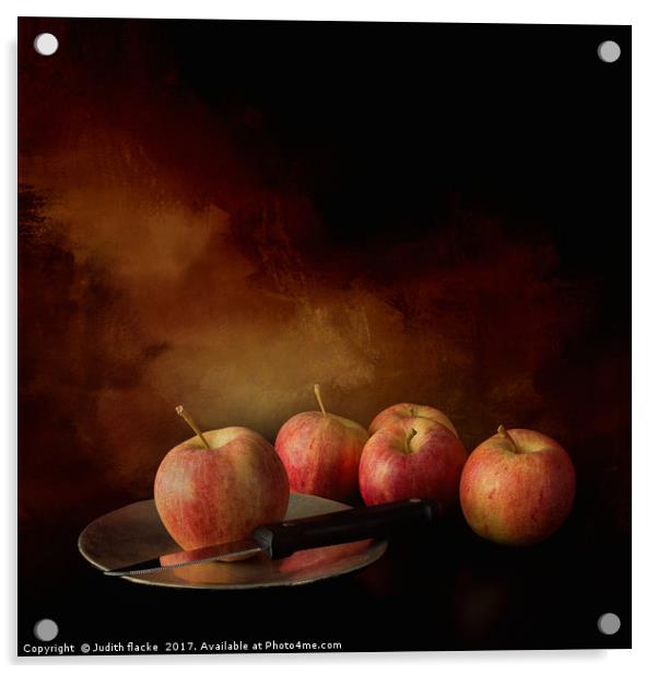 The chosen one. Apple with knife on plate. Acrylic by Judith Flacke