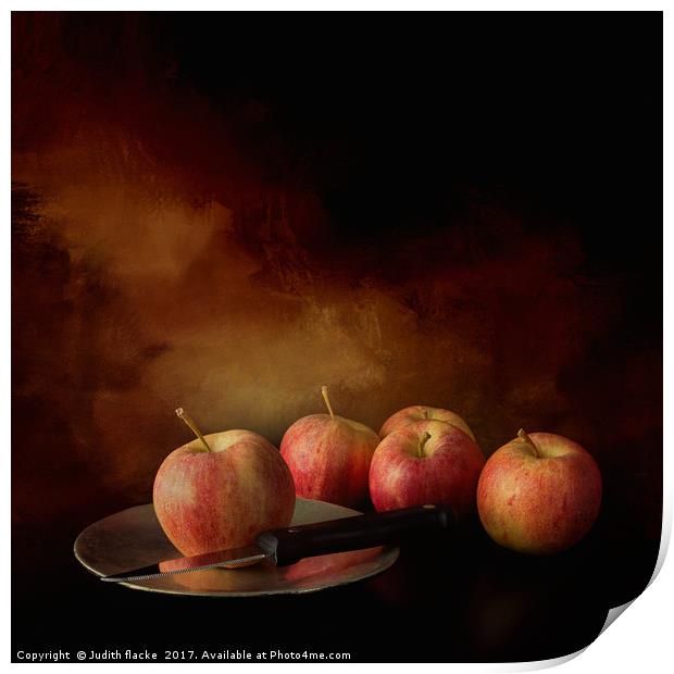 The chosen one. Apple with knife on plate. Print by Judith Flacke