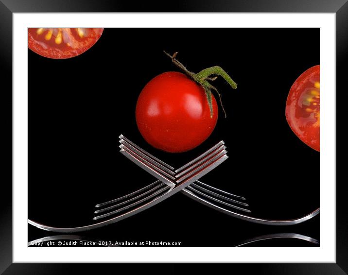 Tomato with forks Framed Mounted Print by Judith Flacke