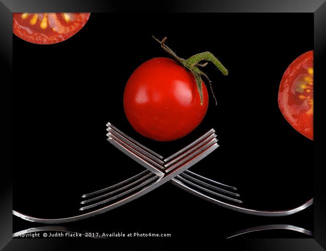 Tomato with forks Framed Print by Judith Flacke