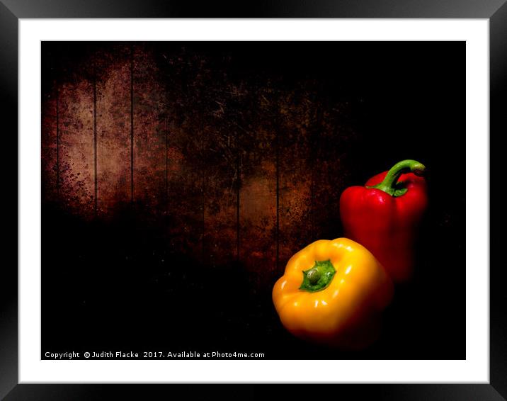 Red pepper, yellow pepper.  Framed Mounted Print by Judith Flacke