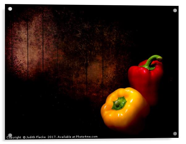 Red pepper, yellow pepper.  Acrylic by Judith Flacke