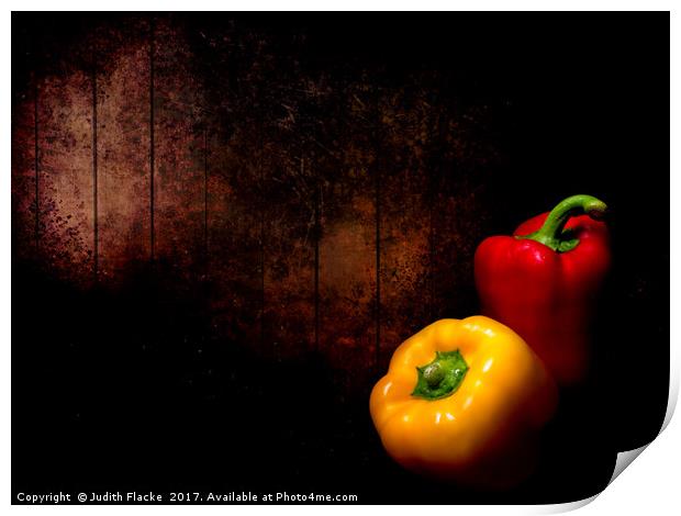 Red pepper, yellow pepper.  Print by Judith Flacke