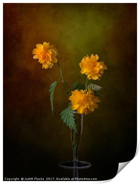 Kerria japonica still life in vase Print by Judith Flacke