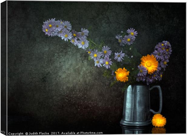 Still life with Michaelmas daisies and marigolds Canvas Print by Judith Flacke