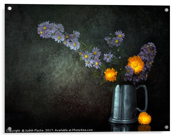 Still life with Michaelmas daisies and marigolds Acrylic by Judith Flacke